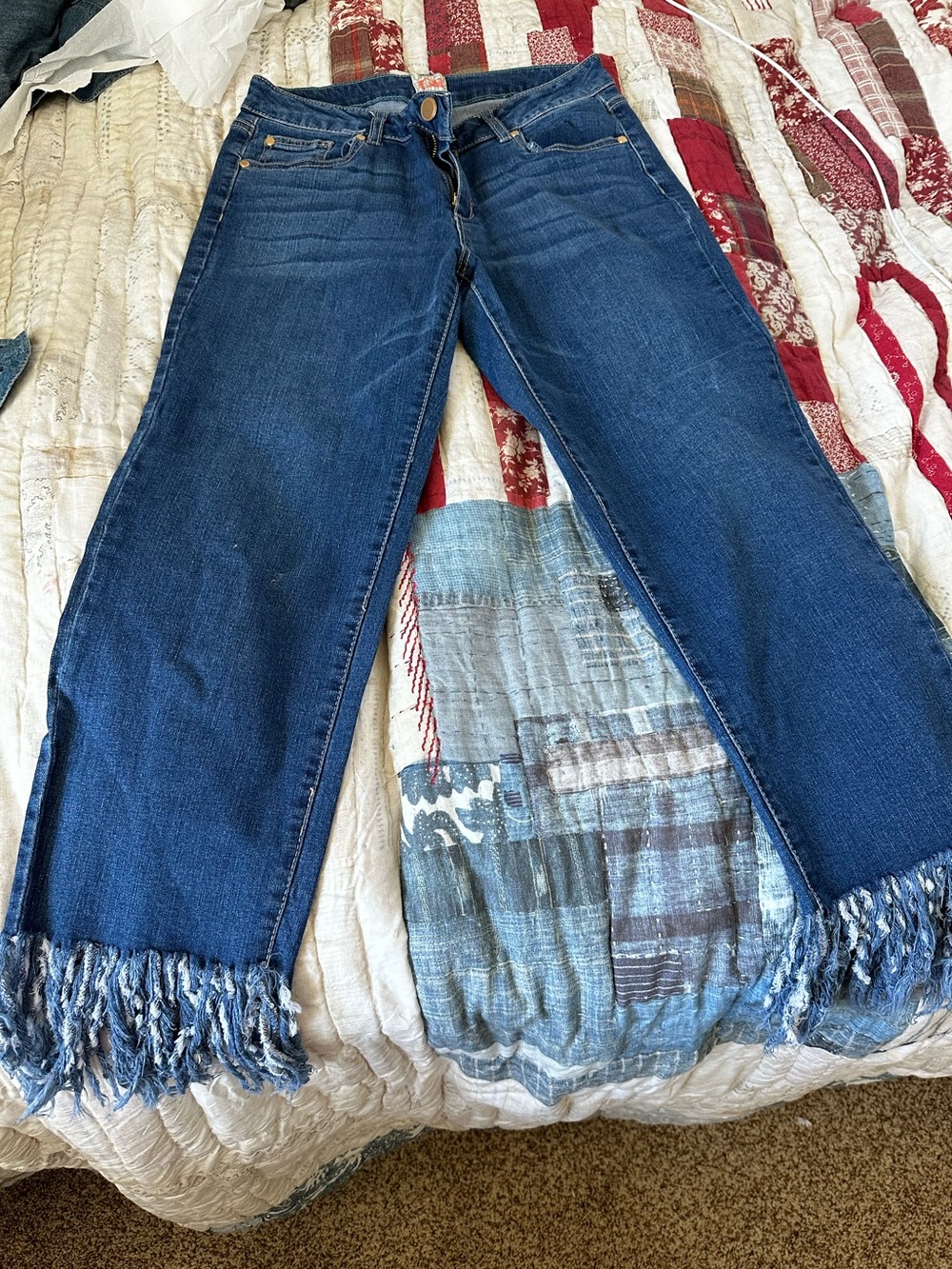 Gianni Bini Dark Blue Fringe Hem Wide Leg Jeans